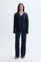 Women's Navy Blue Hooded V-Neck Knitted Sweatshirt - 4