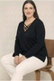 V-Neck Cross 4-Banded Side Slit Long Sleeve Stretch Fabric Viscose Fabric Blouse (Not Knitwear Sweater)