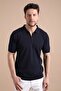Navy Blue Polo Collar Zippered 100% Cotton Men's Knitwear T-shirt - 2