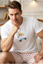 Ecru Mink White Line Patterned Printed Short Sleeve Knitted Men's Shorts Set7832