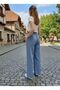 Women's Light Blue Elastic Waist Lace up Pocket Wide Leg Palazzo Jeans - Suitable for Hijab - 2