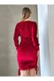 Women's Burgundy Double Breasted Collar Gathered Velvet Fabric Graduation Wedding Wedding Dress - 5