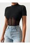 Black Tulle Detail Lycra Blouse - 2