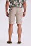 Beige Comfort Fit Linen Textured Relaxed Cut Double Leg Shorts - 4