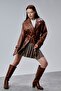 Women's Brown Belted Leather Jacket – Double-Breasted Shirt Collar Long Stylish Jacket |   Black - 5