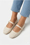 Cream Tweed Fabric Mary Janes Ballet Flats Stylish Buckled Orthopedic Sole Casual Office Shoes - 2