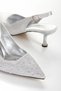Women's Silver Satin Covered with Gemstones 5 cm Thin Galvanized Heels Comfortable Stiletto - 4