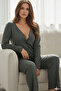 Khaki Brushed Soft Corded Fabric Cardigan Knit Pajama Set - 2