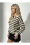 Women's Striped Oversized Cut Polo Neck Trendy Knitwear Sweater 2594 - 2
