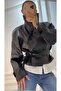New Season Mock Neck Buttoned Tie-Detail Leather Trench Coat for Women - 3