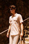 Beige Slim Fit Slim Fit Hidden Button Collar Cotton Short Sleeve Shirt
