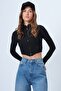 Women's Black Mock Neck Zippered Ottoban Fingered Crop Cardigan Vs01321 - 4