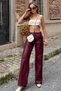 Burgundy Elastic Waist and Lace-Up Faux Leather Palazzo Trousers Vs01395