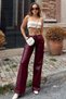 Burgundy Elastic Waist and Lace-Up Faux Leather Palazzo Trousers Vs01395 - 3