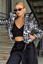 Gray Printed Stand Collar Zippered Crop Padded Lined Coat Vs01297 - 4