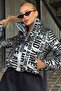 Gray Printed Stand Collar Zippered Crop Padded Lined Coat Vs01297 - 3