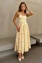 Women's Yellow Heart Neckline Floral Patterned Slim Strap Flared Dress Vs00742