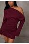 Asymmetrical Neckline Off-Shoulder Detail Long Sleeve Stretch Fabric Mini Dress (Transitional and Winter) - 7