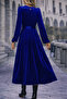 Cobalt Round Neck Balloon Sleeve Velvet Fabric Belted Flared Dress - 2