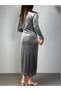 New Season Women's Shoulder Gathered Long Sleeve Stone Velvet Dress - 4