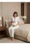 Women's Ecru Short Sleeve Buttoned Front Piped Pocket Maternity 3-Piece Pajama Set - 5