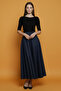 Patterned Puff Scuba Flared Elastic Long Skirt Navy Blue - 3