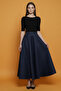 Patterned Puff Scuba Flared Elastic Long Skirt Navy Blue - 7