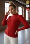 Women's Red Extra Stretchy Corded Fabric Half Fisherman High Neck Woven Slim Knitwear Sweater Body Blouse - 3