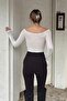White Gathered Chest Boat Neck Women's Transparent Blouse - 5