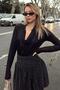 Black Draped Degaje Collar Long Sleeve Women's Blouse