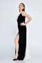 Women's One Shoulder Detailed Deep Slit Long Evening Dress 8238 Black-White - 2