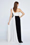 Women's One Shoulder Detailed Deep Slit Long Evening Dress 8238 Black-White - 4