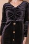Women's Stretch Fabric Velvet V-Neck Front Gathered Buttoned Long Sleeve Evening Dress/Evening Gown-Black - 6