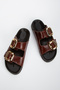 Women's Genuine Leather Double Strap Buckle Slippers 6337 Brown - 2
