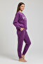 Bonjour Lettering Printed Cuffed Jacquard Velvet Look Reflective Two Thread Tracksuit/Pajama Set - 3