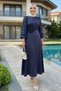 Women's Pearl Detailed Belted Navy Blue Satin Dress - 3