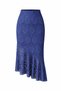 Women's Lace Navy Blue Midi Flared Floral Pattern Asymmetrical Cut Stylish Skirt