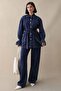 Ruffled Navy Blue Denim Suit with Stone Sleeves