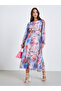 Women Floral Printed Round Neck Elastic Cuff Midi Dress