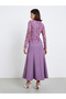 Women Lace Insert Belted Maxi Evening Dress - 5