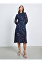 Women Floral Printed Round Neck Elastic Cuff Midi Dress - 3