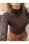Boat Neck Transparent Detail Cashmere Fabric Blouse-Brown - 4