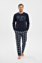 Men's Embroidery Detailed Long Sleeve Fleece Fabric Winter Thick Pajama Set