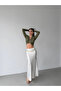 Women's Khaki V-Neck Long Sleeve Double Layer Sandy Crop Blouse with Ring Detail at the Center - 2