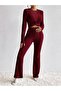 Burgundy Crew Neck Long Sleeve Front Twist Stretch Fabric Blouse Flared Pants Set, Burgundy Set - 6