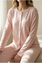 Pink Heart Pattern Patchwork Button-Front Knitted Pajama Set - 5