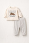 Baby Kids 2-Piece Set Cool Bear Printed Ecru Ribbed Sweatshirt + Gray Ribbed Pants Set 100% Cotton - 2