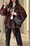 جاكيت بومبر جلدي بحزام، قصة واسعة / فضفاضة (أوفرسايز)، باللون العنابي - Luvren Burgundy Trend - 5