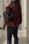 جاكيت بومبر جلدي بحزام، قصة واسعة / فضفاضة (أوفرسايز)، باللون العنابي - Luvren Burgundy Trend - 4