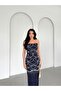 Navy Blue Pearl Embroidered Yı Slit Strapless Pencil Evening Dress - 5